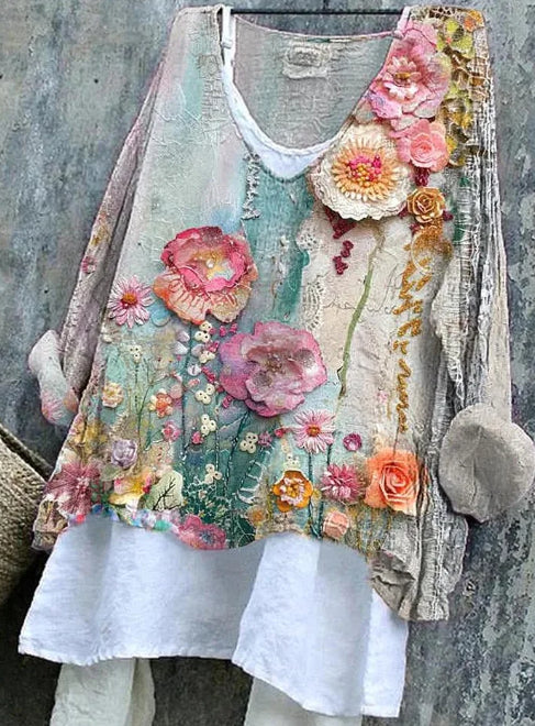 Women's Vintage Flower Pattern Print Cotton And Linen Shirt