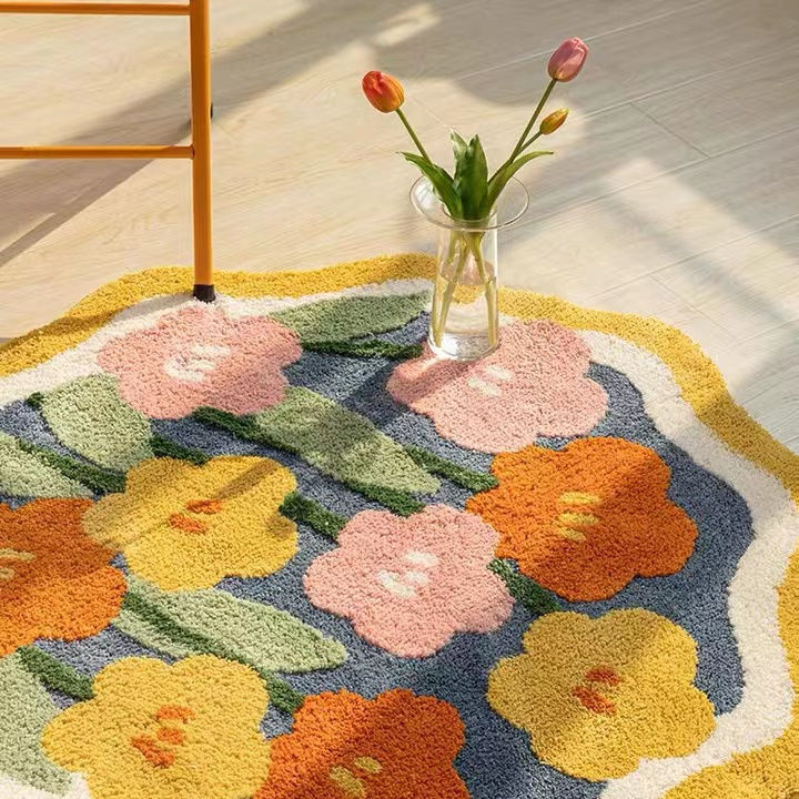 Soft Flower Round Bedside Rug Fluffy Plush Bedroom