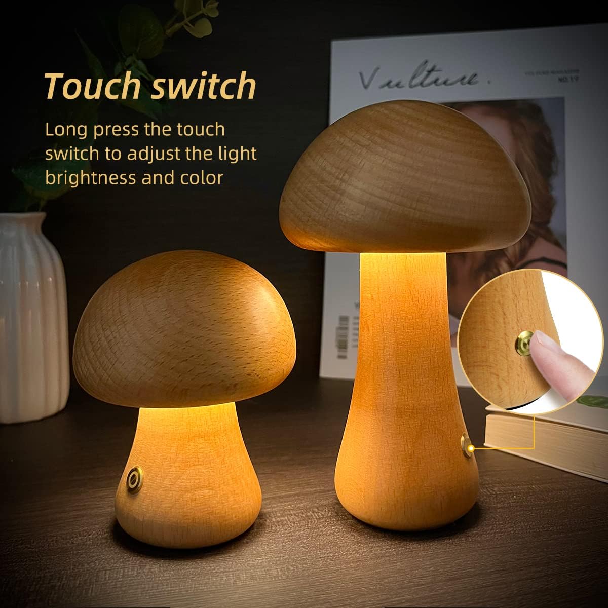 Wooden Mushroom Touch LED Night Light