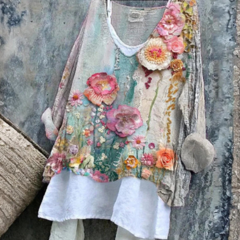 Women's Vintage Flower Pattern Print Cotton And Linen Shirt