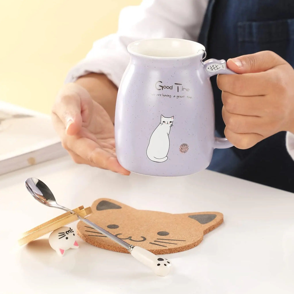 Kawaii Cat Ceramic Mug with Lid & Spoon