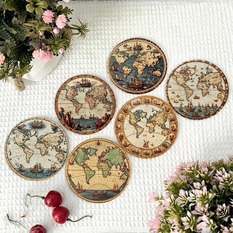 6-Piece Retro World Map Wooden Coaster Set