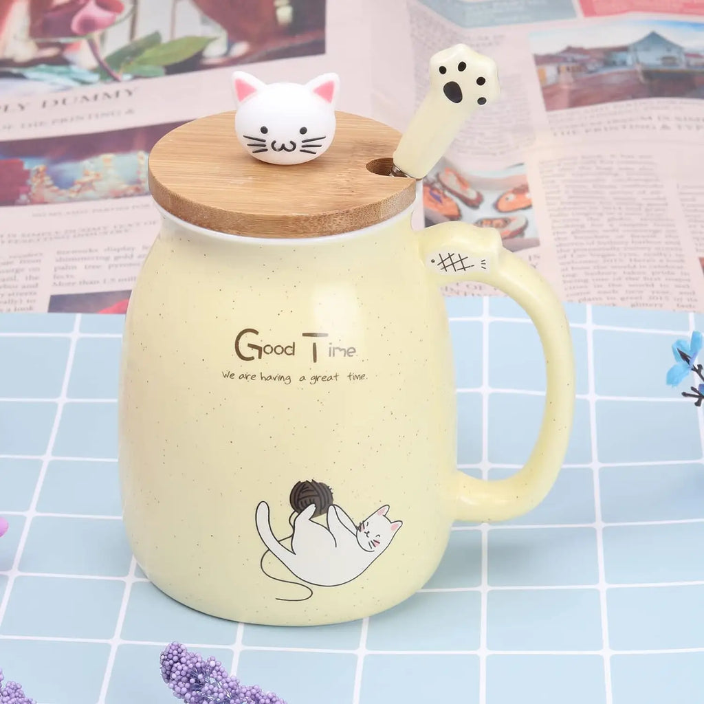 Kawaii Cat Ceramic Mug with Lid & Spoon