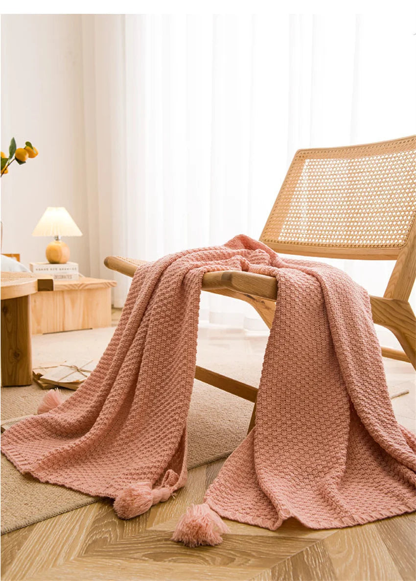 Nordic Waffle Knit Throw Blanket with Tassels