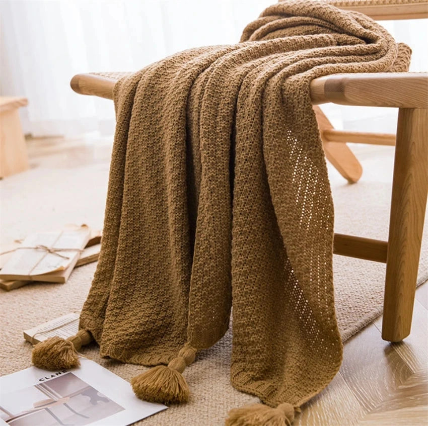 Nordic Waffle Knit Throw Blanket with Tassels
