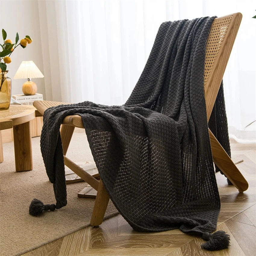 Nordic Waffle Knit Throw Blanket with Tassels
