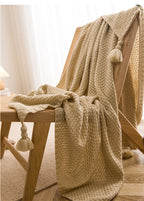 Nordic Waffle Knit Throw Blanket with Tassels