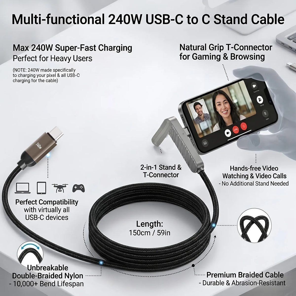 2-in-1 USB-C Charging Cable & Foldable Phone Stand