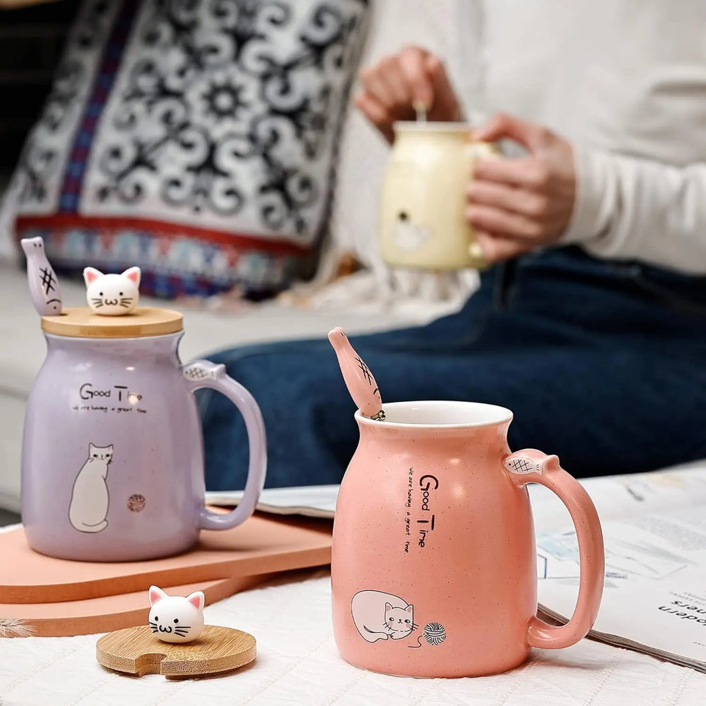 Kawaii Cat Ceramic Mug with Lid & Spoon