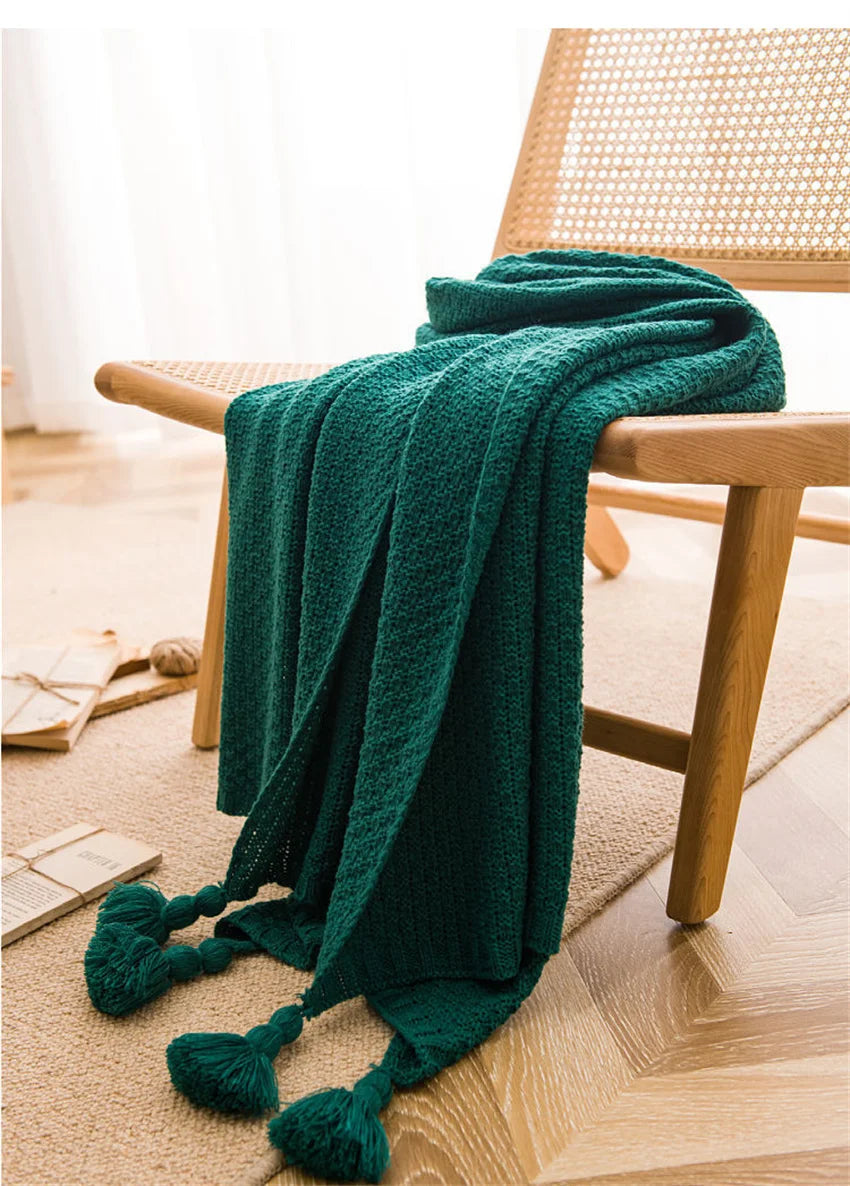 Nordic Waffle Knit Throw Blanket with Tassels
