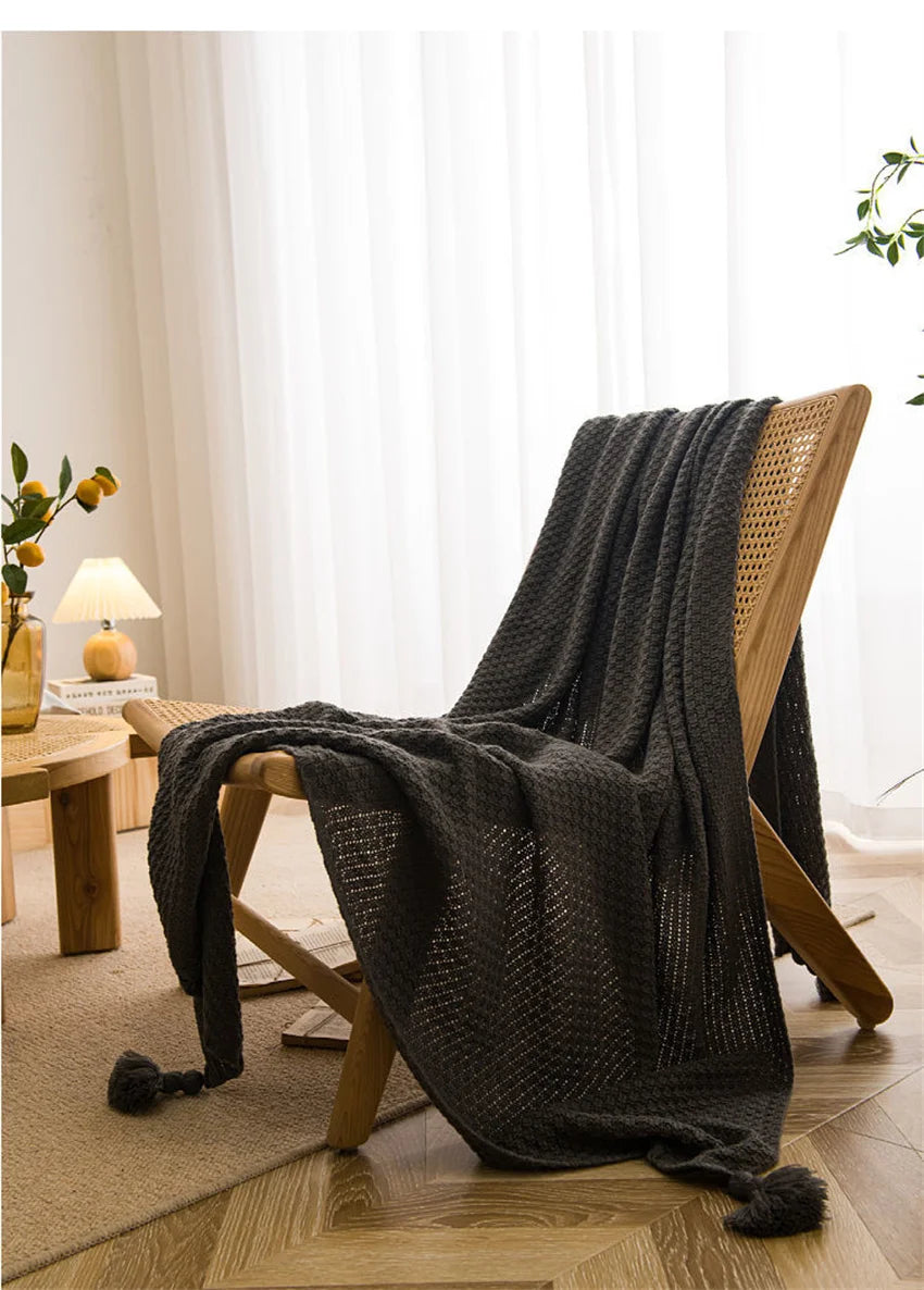 Nordic Waffle Knit Throw Blanket with Tassels