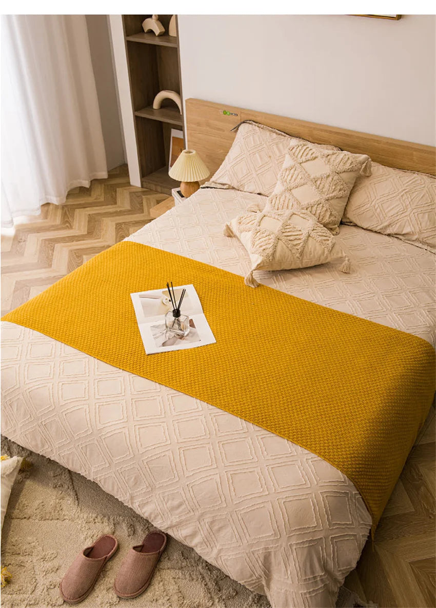 Nordic Waffle Knit Throw Blanket with Tassels