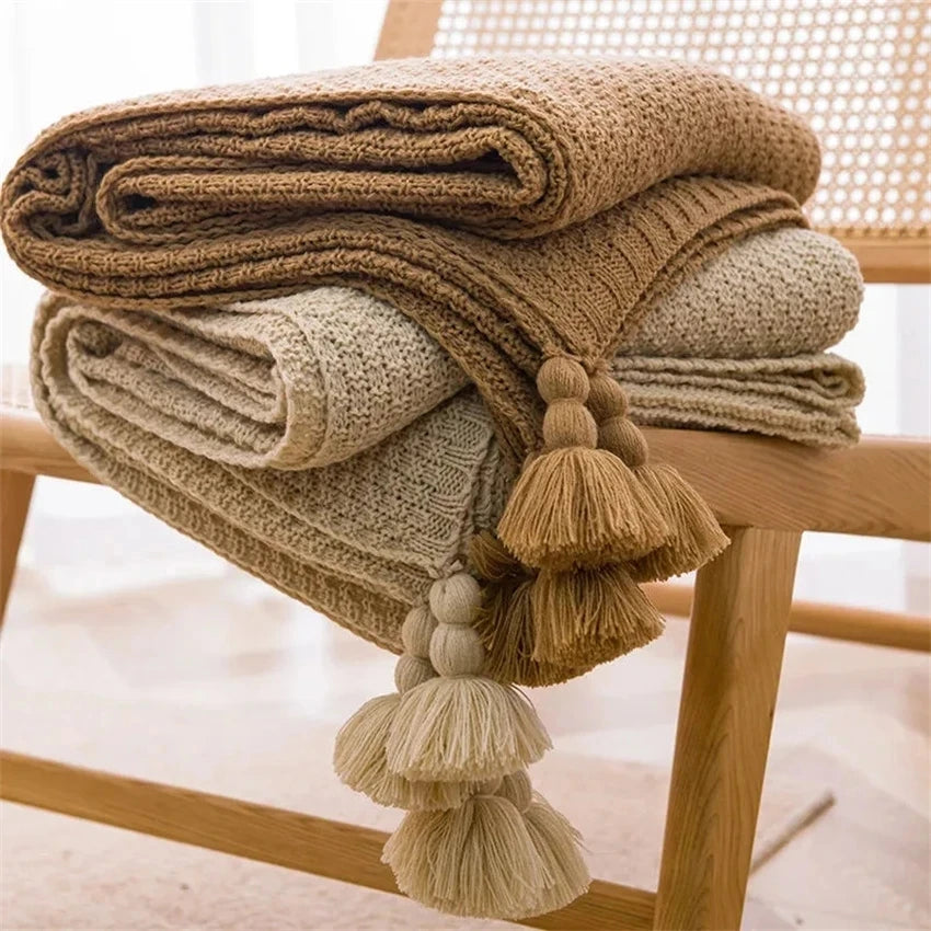 Nordic Waffle Knit Throw Blanket with Tassels