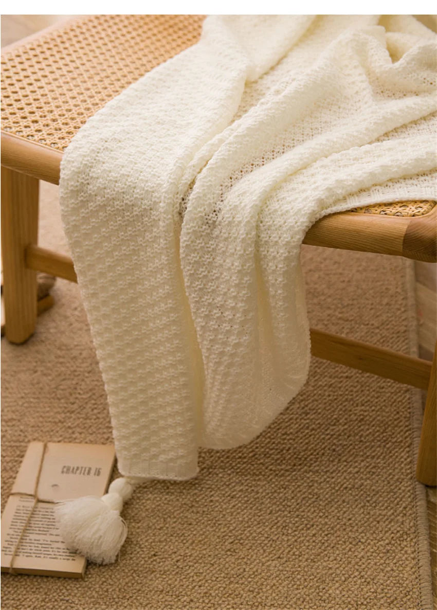 Nordic Waffle Knit Throw Blanket with Tassels