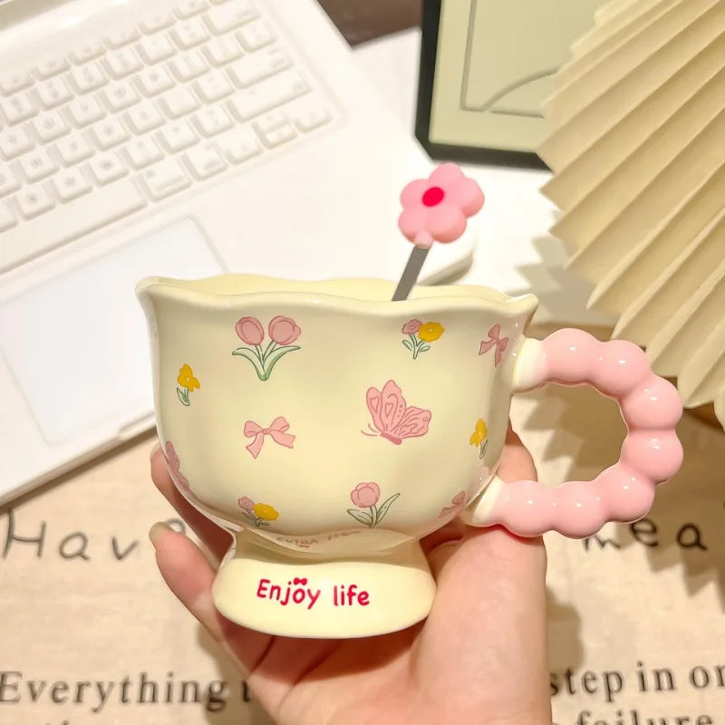 Floral Ceramic Coffee Mug with Spoon