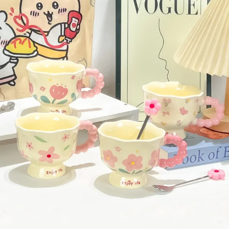 Floral Ceramic Coffee Mug with Spoon