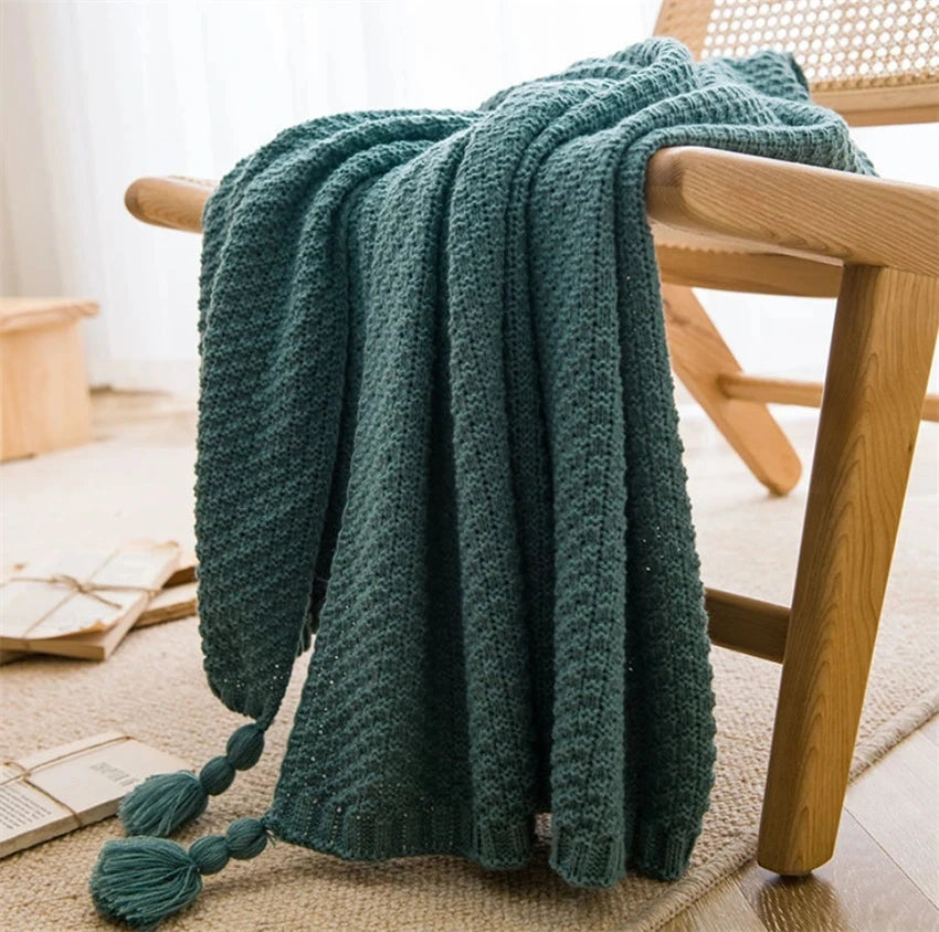Nordic Waffle Knit Throw Blanket with Tassels
