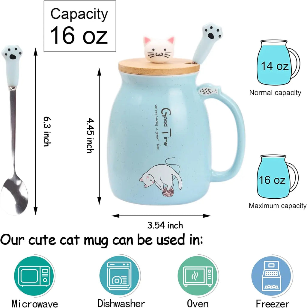 Kawaii Cat Ceramic Mug with Lid & Spoon