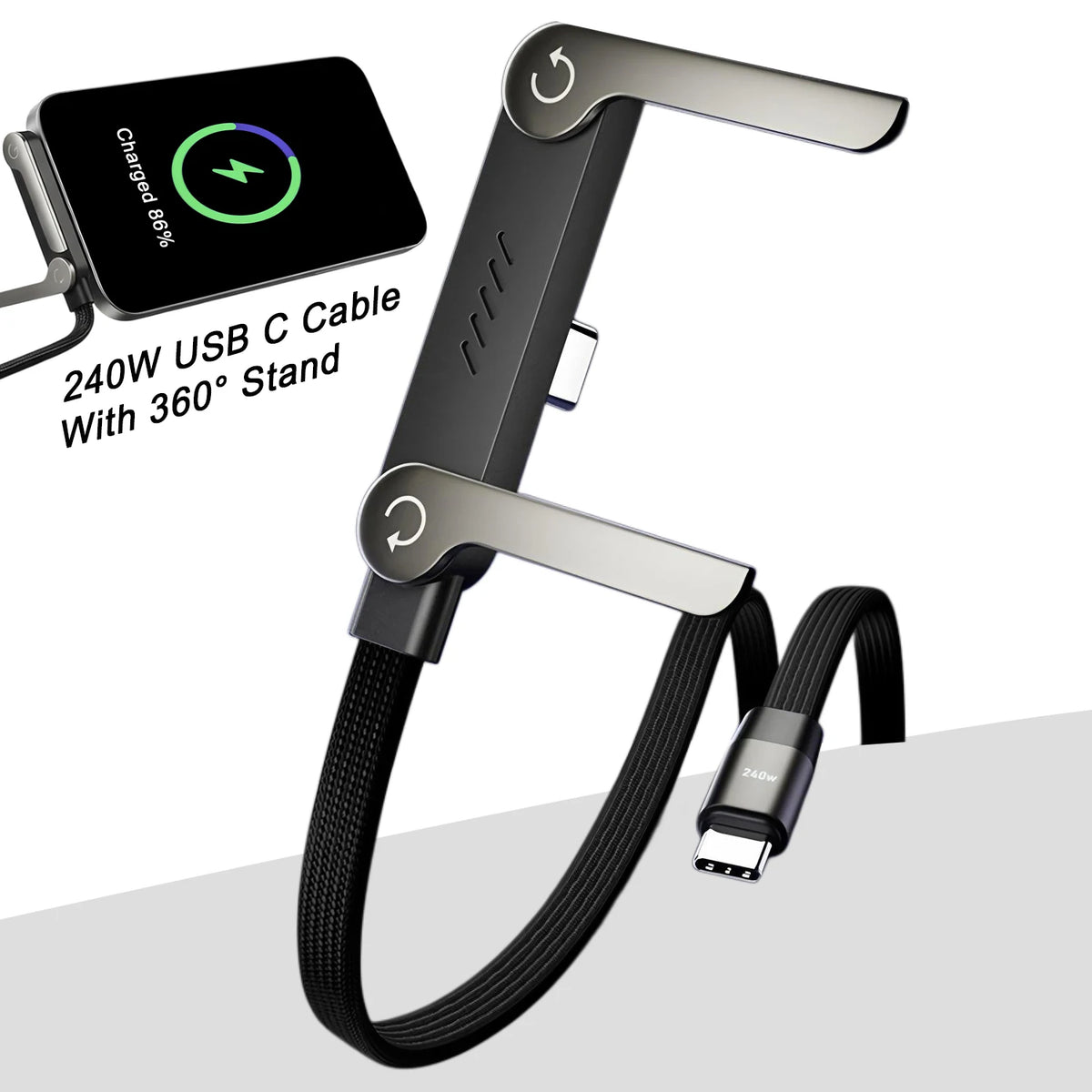 240W Flat Charging Cable with Built-in Phone Stand