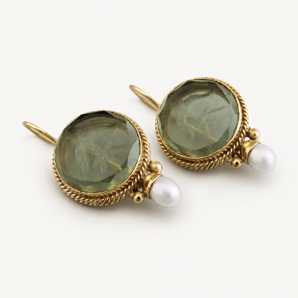 Vintage gold earrings with olive stones and pearl drops